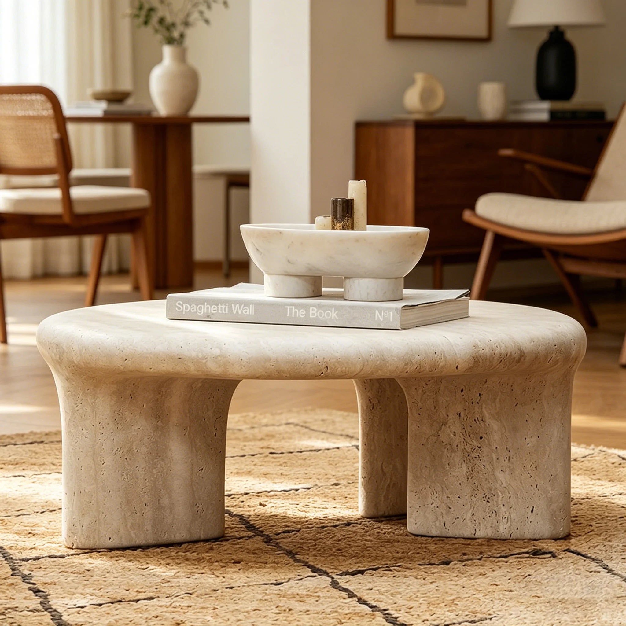 Dream Home Contract Grade Arch Hollow Three Leg Coffee Table Solid Beige Travertine Smooth Rounded Oval Villa Living Stone Table - Image 6