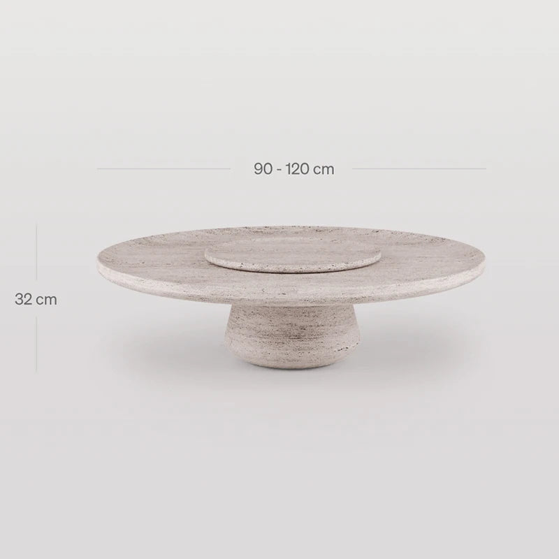 Dream Home Textured Travertine Marble Coffee Table Recessed Mini Round Insert Taper Conical Pedestal Neutral Home Decor Table - Image 6
