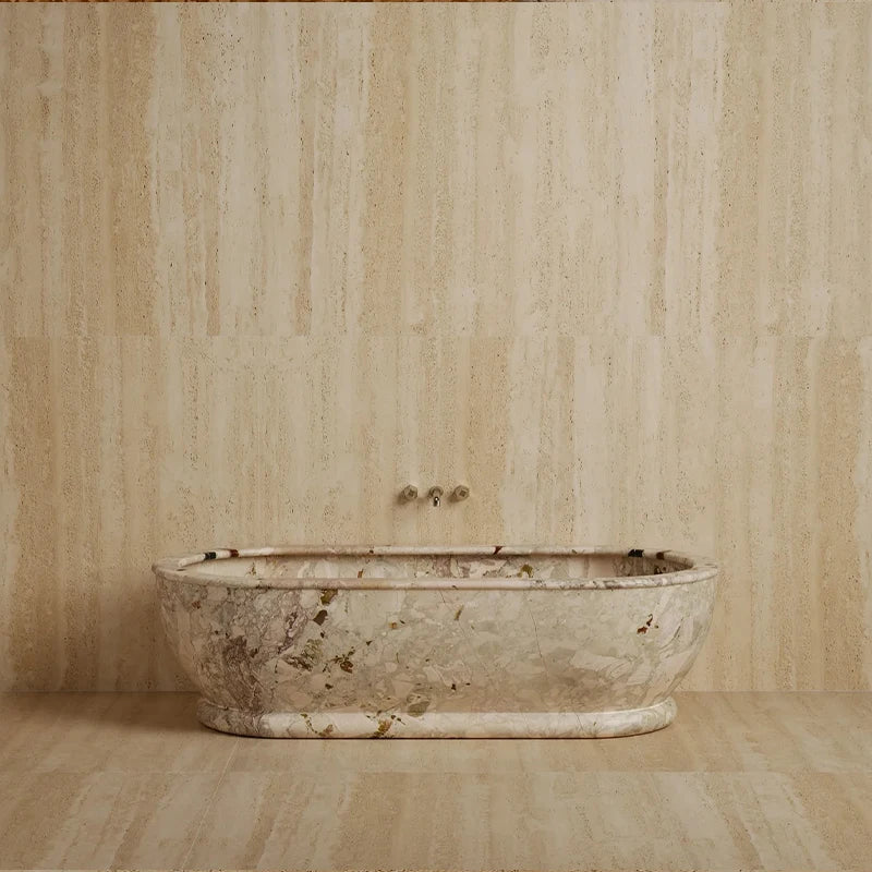 Full Integrated Solid Stone Soaking Tub Elongated Rounded Oval Shape Multi Natural Stone Vein Villa Master Bathroom Bathtub - Image 2