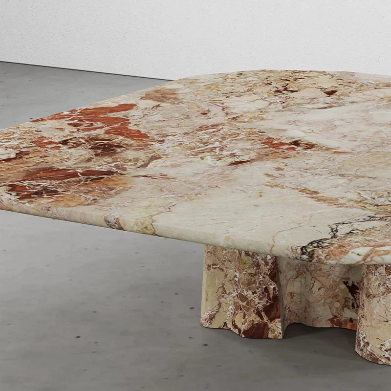 Dream Home Textured Warm Breccia Marble Coffee Table Twin Organic Flared Wave Base Minimalist Luxury Living Room Table - Image 5
