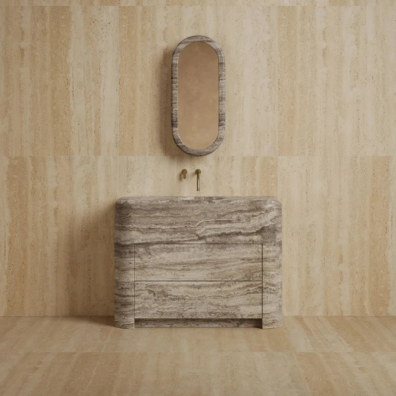 Dream Home Head Turning Pillow Shape Travertine Vanity Freestanding Integrated Basin Minimalist Luxury Bath Sink Unit - Image 9