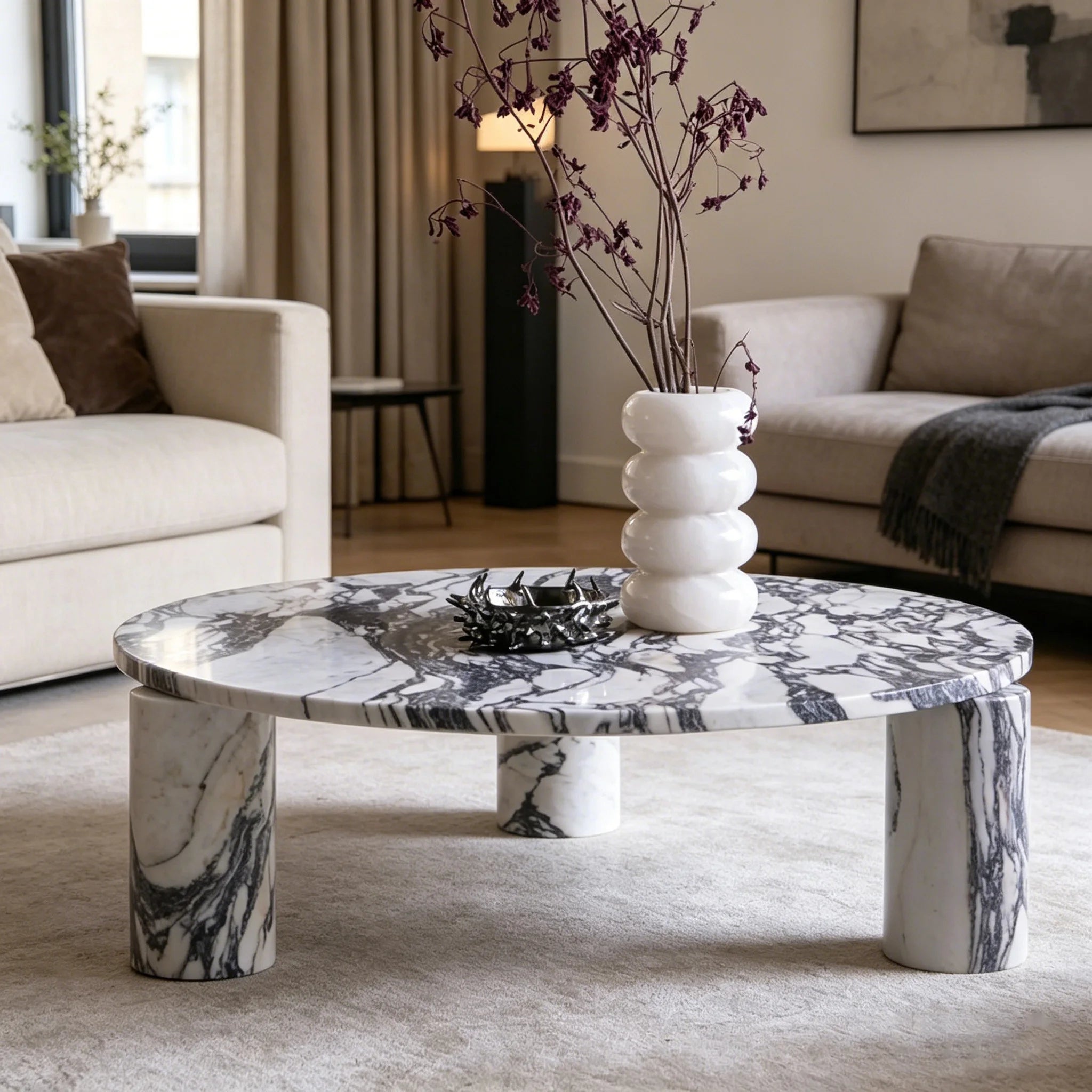 Modern Luxury Calacatta Viola Coffee Table Round Marble Top Three Cylinder Legs Modern Living Room Center Table - Image 6