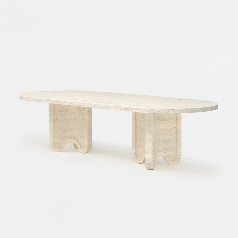 Dream Home Travertine Dining Table Oval Racetrack Top With U Wave Cutout Legs Wabi Sabi Modern Dining Table - Image 4