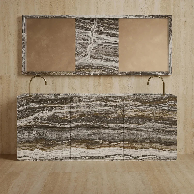 Large Capacity Stone Bathroom Vanity Dual Recessed Sink Complete Matching Mirror Set Resort Guest Room Wash Basin Unit - Image 5