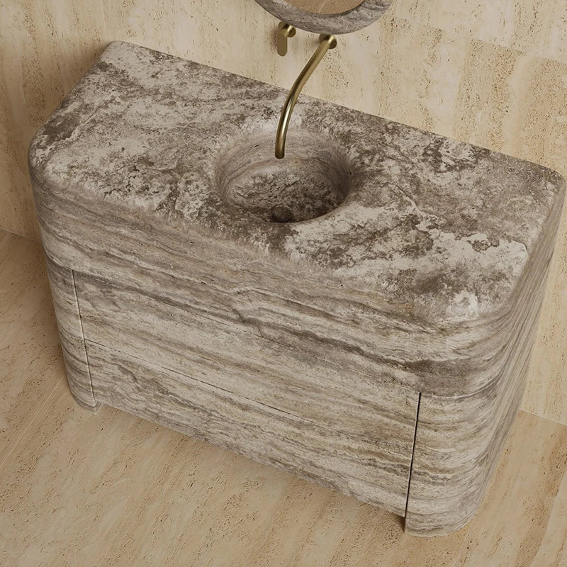 Dream Home Head Turning Pillow Shape Travertine Vanity Freestanding Integrated Basin Minimalist Luxury Bath Sink Unit - Image 6