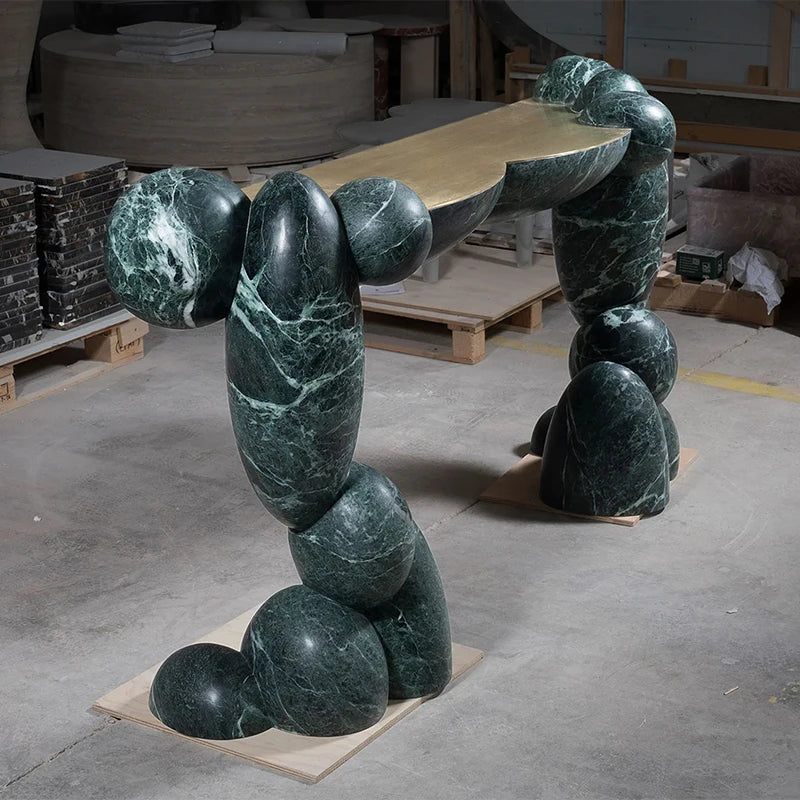 Artistic Sculptural Green Marble Console Table Organic Pebble Base Natural Stone Entry Table for Luxury Villa Hotel Lobby