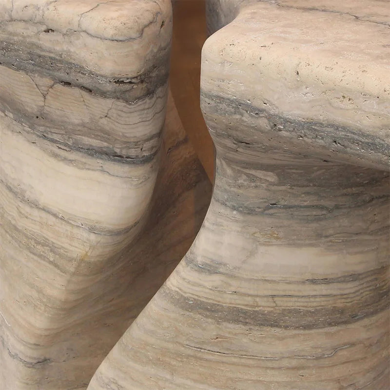 Split Curved Twist Leg Entry Table Polished Banded Travertine Slab Abstract Organic Sculpture Neutral Hall Marble Table - Image 6