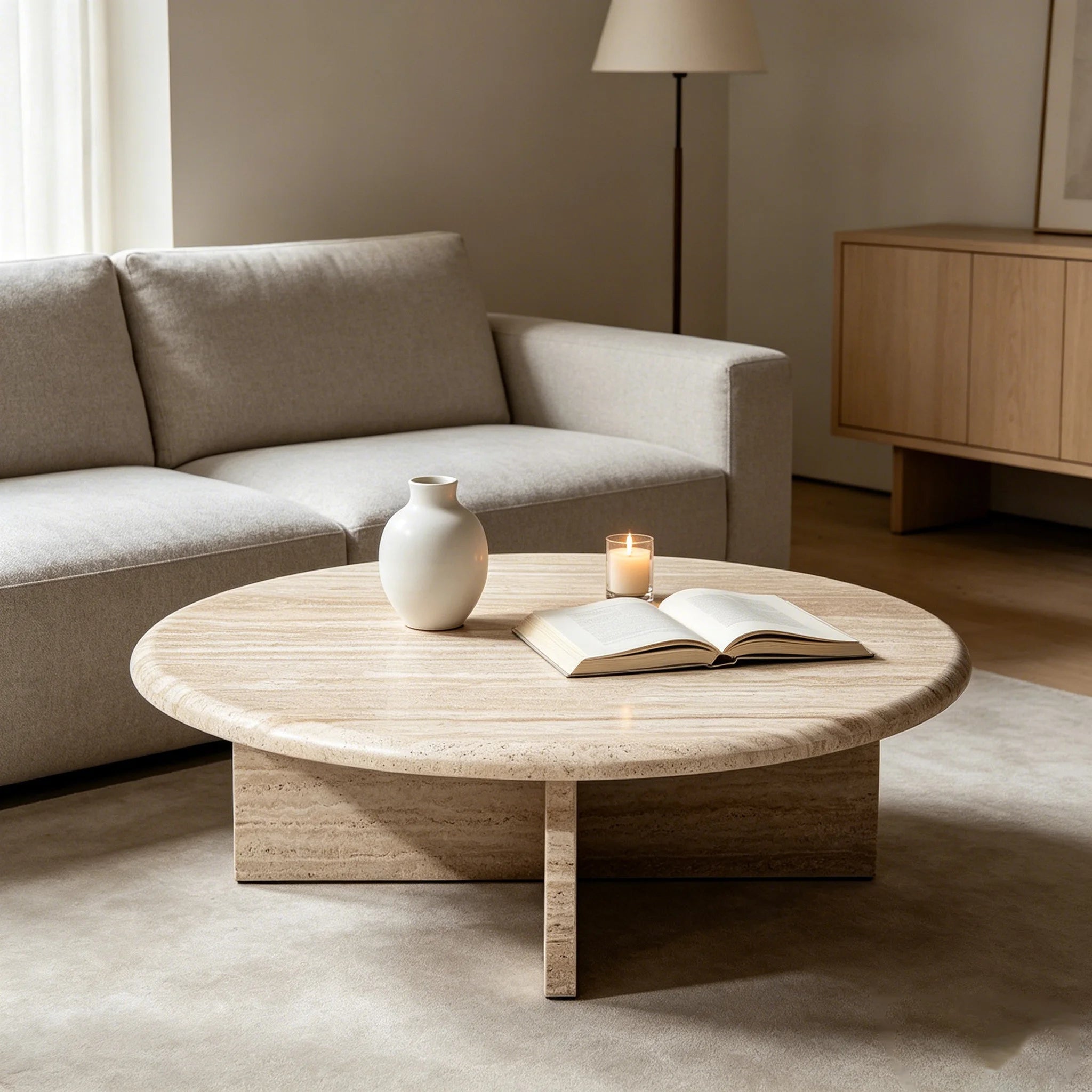 Natural Banded Travertine Center Table Partial Surround Base Solid Stone Construction Villa Living Room Focal Furniture - Image 6
