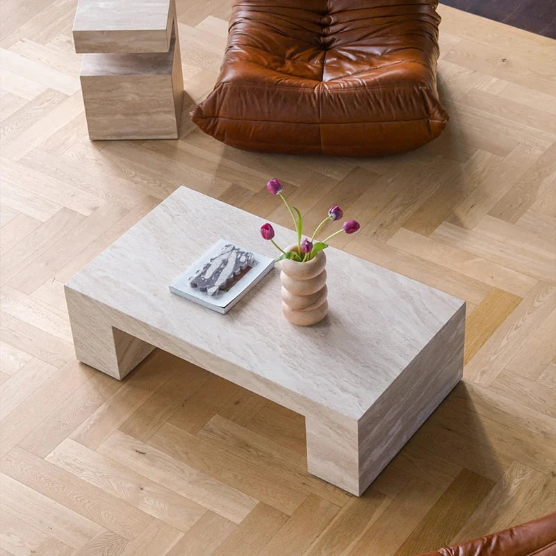 Elegant Natural Travertine Marble Coffee Table Minimalist Hollow Rectangular Thick Stone Top Luxury Modern Living Room Furniture - Image 2