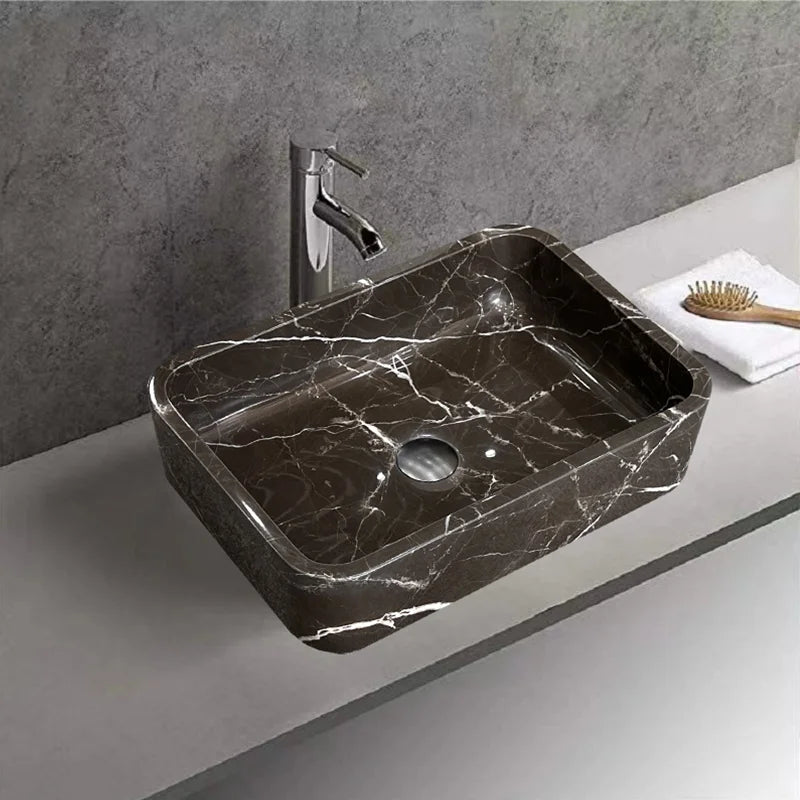 Striking Thick Rim Rectangular Countertop Sink Solid Natural Marble Flat Front Bowl Luxury Villa Restroom Vanity Basin - Image 9