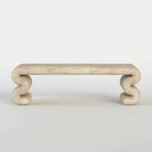 Beige Travertine Marble Console Table Long Rounded Rectangular Top Double Wave Scroll Leg Minimalist Wabi Accent Table