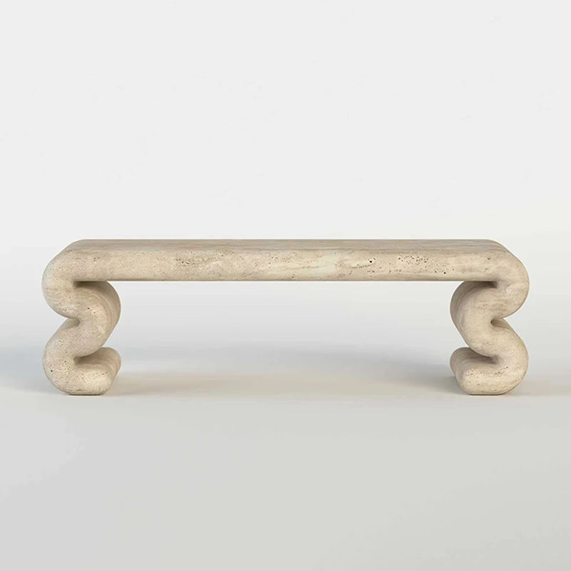 Beige Travertine Marble Console Table Long Rounded Rectangular Top Double Wave Scroll Leg Minimalist Wabi Accent Table
