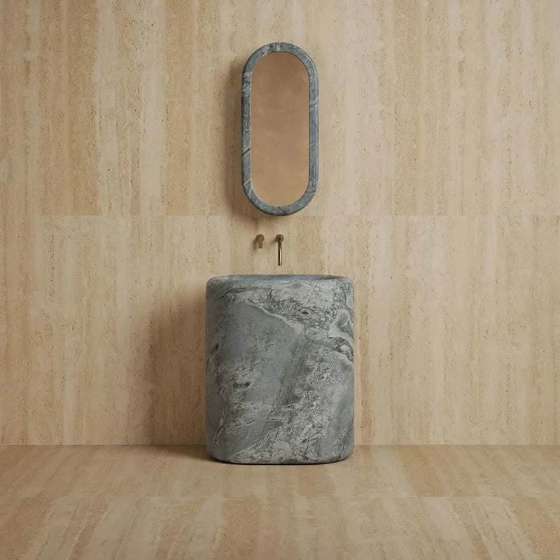 Dream Home Viral Rounded Rectangle Stone Pedestal Sink Whole Block Travertine Marble Freestanding Bathroom Wash Basin - Image 6