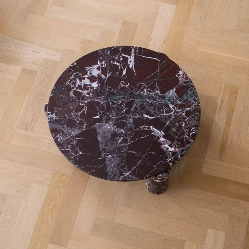 Dream Home Luxury Rosso Levanto Marble Coffee Table Round Top Two Thick Cylinder Legs Modern Living Room Center Table - Image 3
