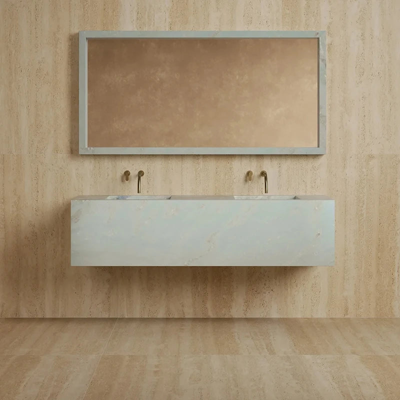 One Piece Whole Marble Floating Vanity Deep Recessed Dual Sink Design Light Neutral Stone Tone Modern Open Concept Bath Basin - Image 10