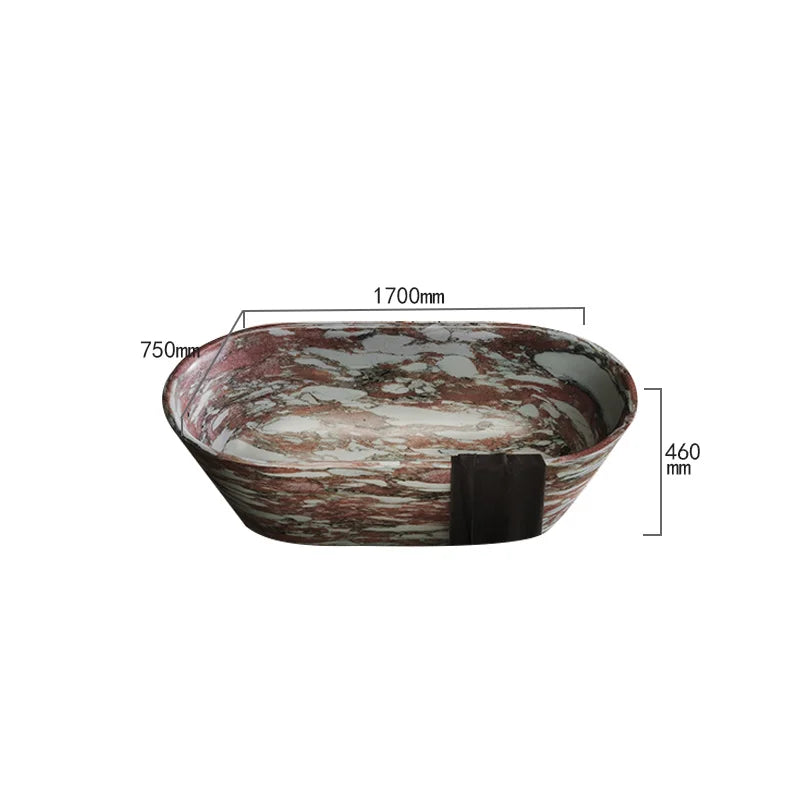 Rosy Breccia Marble Freestanding Bathtub Elongated Ellipse With Flared Rim Natural Pink White Fragment Vein Solid Stone Spa Tub - Image 6