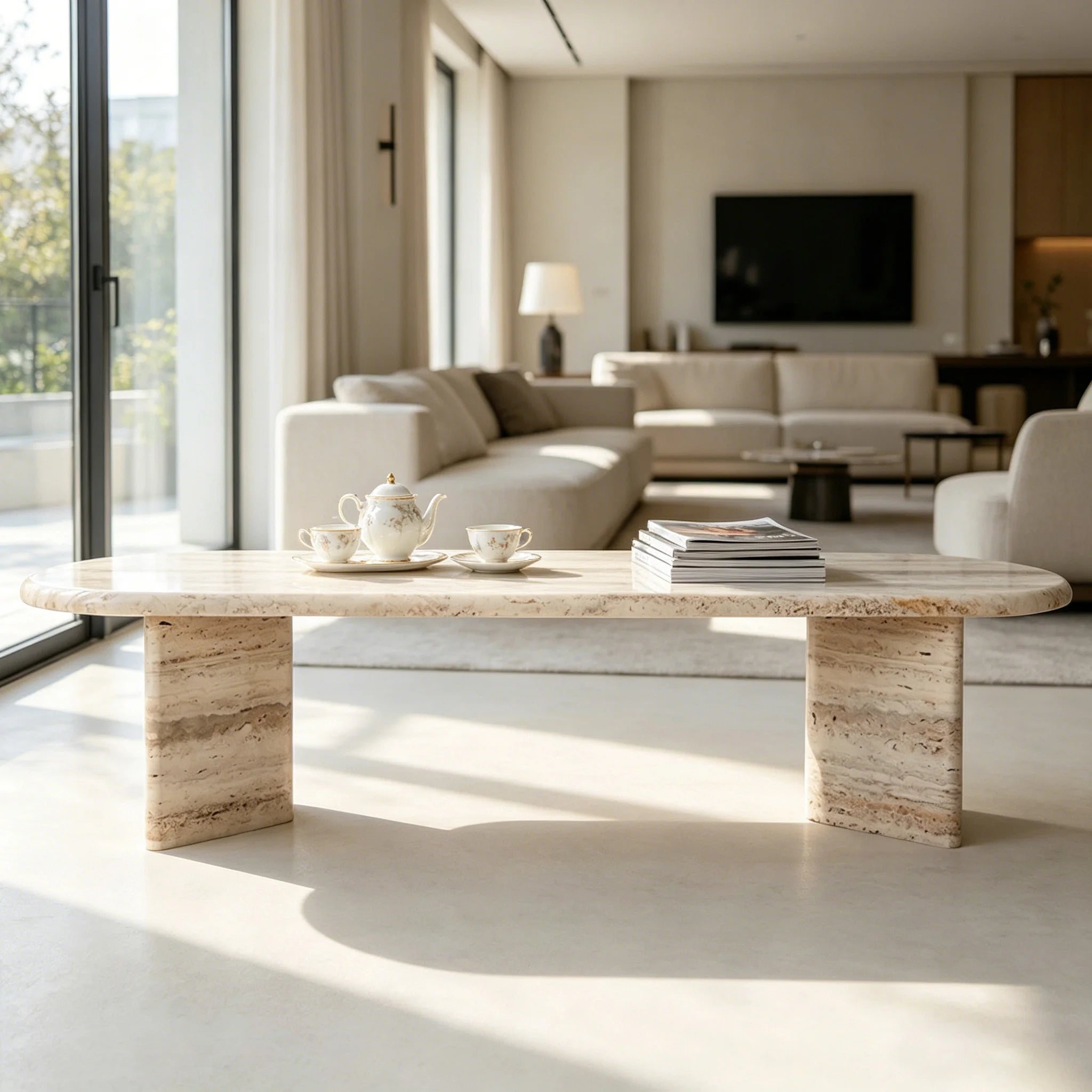 Modern Beige Travertine Coffee Table Oval Stone Top Dual Block Base Elegant Villa Living Room Furniture - Image 5