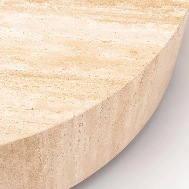 High Inquiry Cream Natural Travertine Coffee Table Wide Flat Drum Shape Solid Integrated Stone Modern Lounge Plinth - Image 4