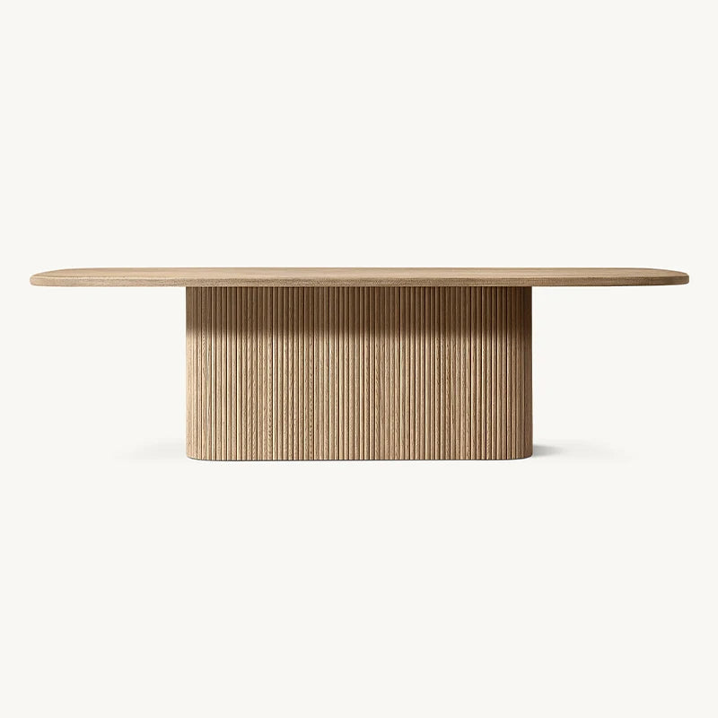 Dream Home Weathered Natural Oak Dining Table Full Length Fluted Solid Base Organic Racetrack Top High End Interior Dining Table - Image 7