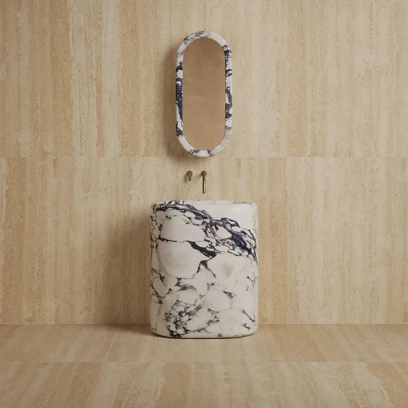 Dream Home Viral Rounded Rectangle Stone Pedestal Sink Whole Block Travertine Marble Freestanding Bathroom Wash Basin - Image 4