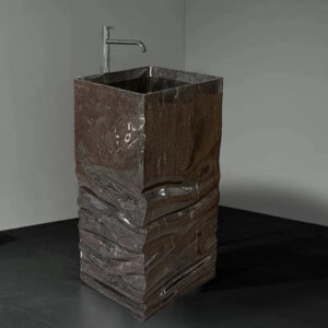 High Inquiry Dark Natural Marble Freestanding Sink Square Tall Column Hand Chiselled Wave Surface Contemporary Bathroom Basin