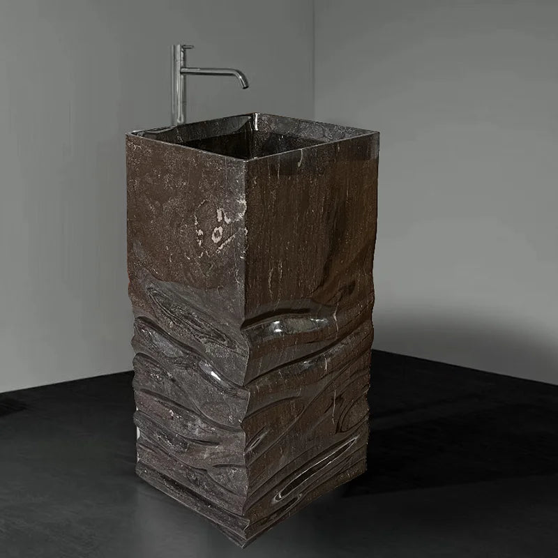 High Inquiry Dark Natural Marble Freestanding Sink Square Tall Column Hand Chiselled Wave Surface Contemporary Bathroom Basin