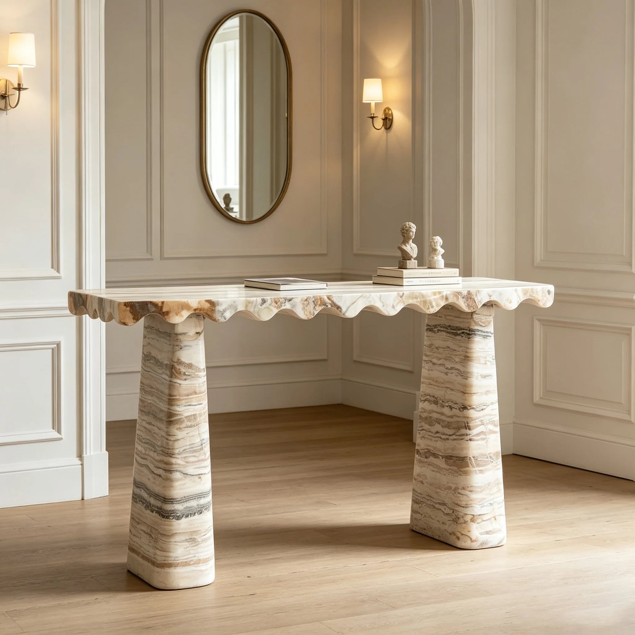 Dream Home Unique Rippled Border Marble Console Desk Dual Slanted Travertine Support Home Entrance Display Table - Image 4