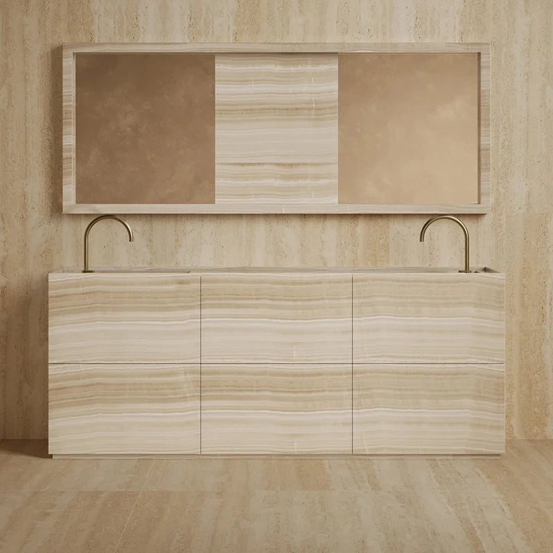 Large Capacity Stone Bathroom Vanity Dual Recessed Sink Complete Matching Mirror Set Resort Guest Room Wash Basin Unit - Image 3