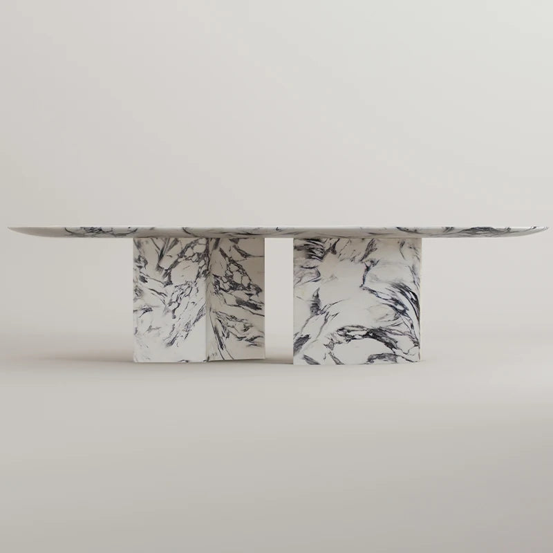 Dream Home Arabescato Marble Dining Table Oval Racetrack Top With Dual Solid Column Bases Minimalist Modern Dining Table