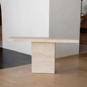 Modern Luxury Beige Travertine Console Table Slim Floating Long Tabletop Solid Square Pedestal Elegant Villa Entry Accent Table