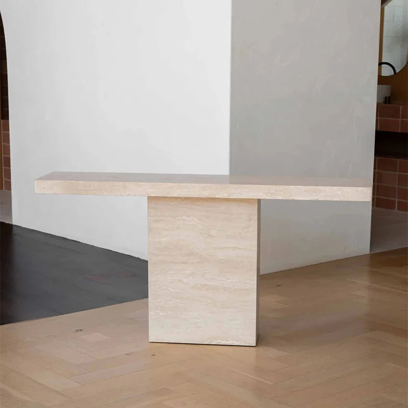 Modern Luxury Beige Travertine Console Table Slim Floating Long Tabletop Solid Square Pedestal Elegant Villa Entry Accent Table