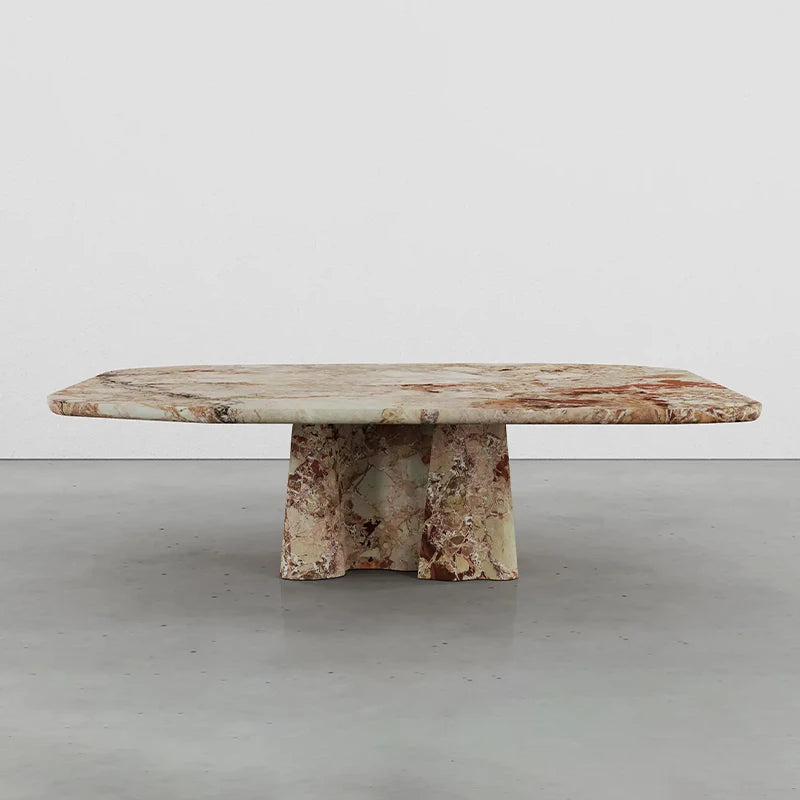 Dream Home Textured Warm Breccia Marble Coffee Table Twin Organic Flared Wave Base Minimalist Luxury Living Room Table
