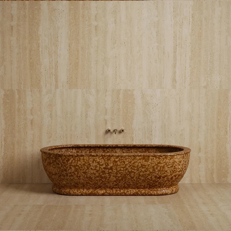 Full Integrated Solid Stone Soaking Tub Elongated Rounded Oval Shape Multi Natural Stone Vein Villa Master Bathroom Bathtub - Image 4