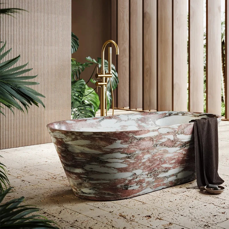 Rosy Breccia Marble Freestanding Bathtub Elongated Ellipse With Flared Rim Natural Pink White Fragment Vein Solid Stone Spa Tub - Image 2