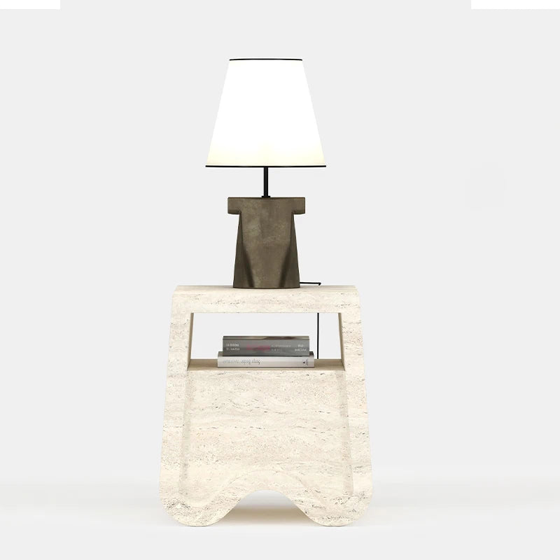 Modern Travertine Side Table Sculptural Wavy Hollow Base With Integrated Storage Shelf Contemporary Home Corner Furniture - Image 5