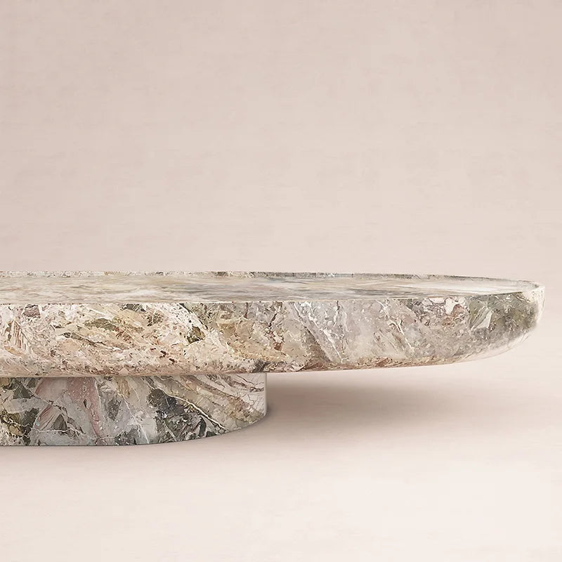 Natural Breccia Marble Coffee Table Organic Oval Thick Slab Single Pedestal Stone Living Room Center Table Dream Home - Image 3
