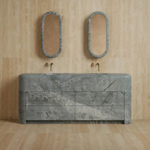 Viral Pillow Shape Travertine Vanity Unit Floor Standing Dual Recessed Basins Four Drawer Storage Luxury Bath Wash Sink