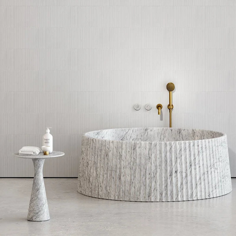 Dream Home Carrara Marble Freestanding Bathtub Full Round Cylinder Vertical Reed Fluted Textured Outer Wall Spa Bath Tub - Image 7