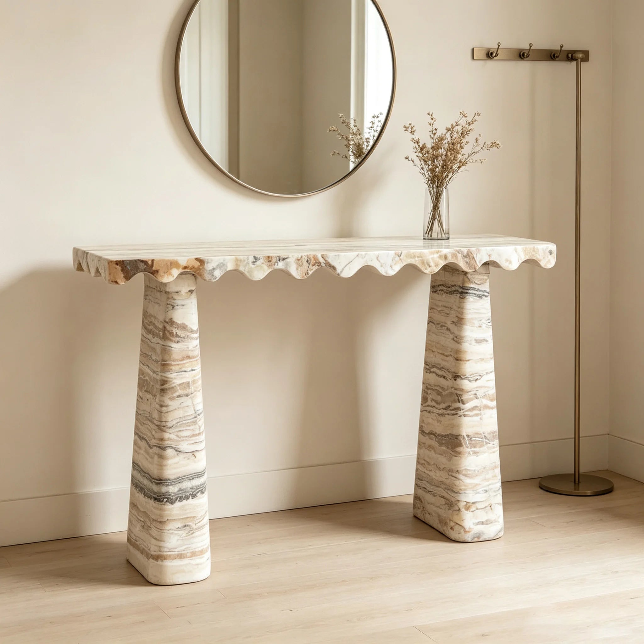 Dream Home Unique Rippled Border Marble Console Desk Dual Slanted Travertine Support Home Entrance Display Table - Image 6