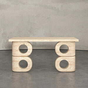 Dream Home Unique Veined Marble Console Table Dual Stack Hollow Round Cutout Block Leg Minimalist Sculpture Entrance Table