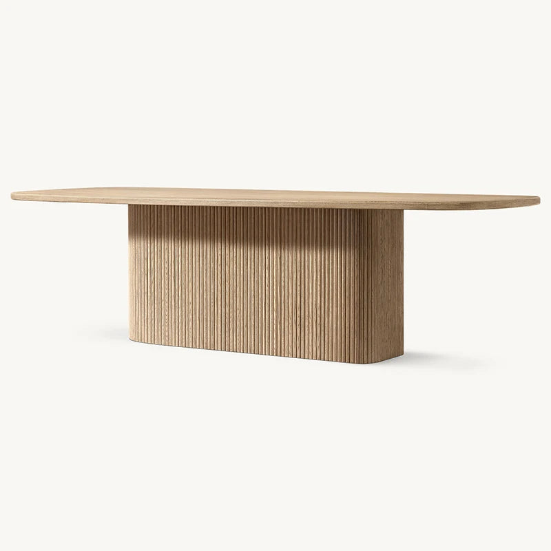 Dream Home Weathered Natural Oak Dining Table Full Length Fluted Solid Base Organic Racetrack Top High End Interior Dining Table - Image 2