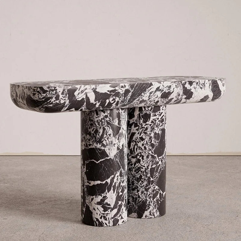 Black White Vein Marble Console Table Oval Rounded Tabletop Twin Cylindrical Legs Modern Entryway Stone Hallway Table Dream Home - Image 2