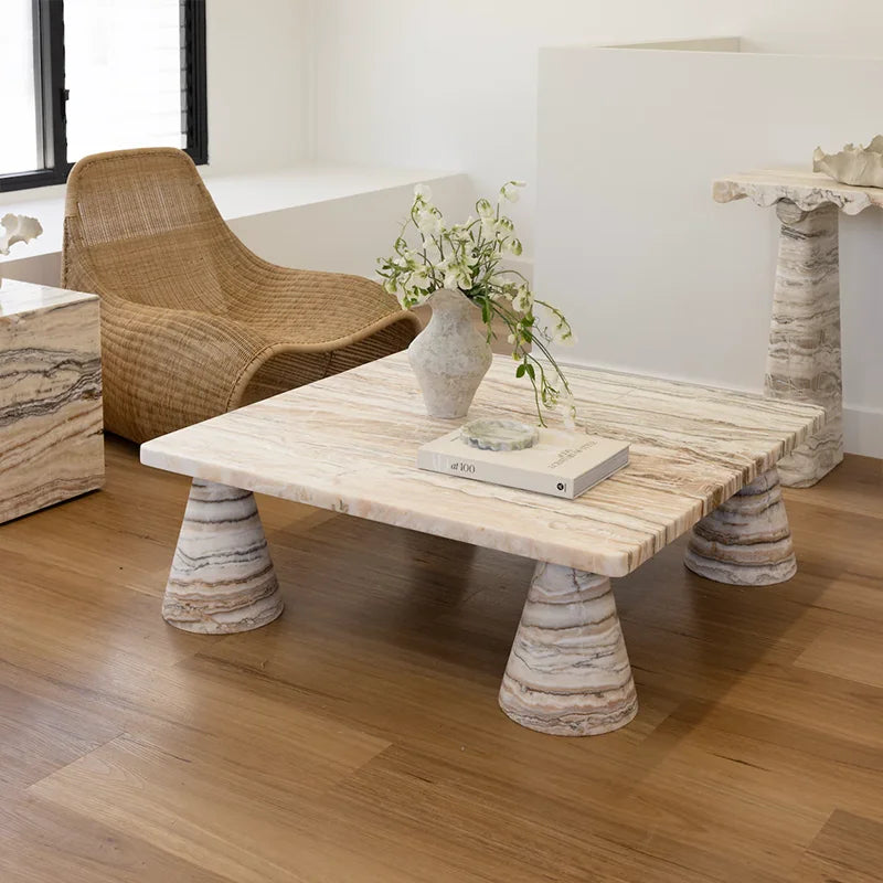 Dream Home Unique Four Slanted Taper Support Marble Tea Table Smooth Rectangle Top Porous Travertine Interior Decor Table - Image 2