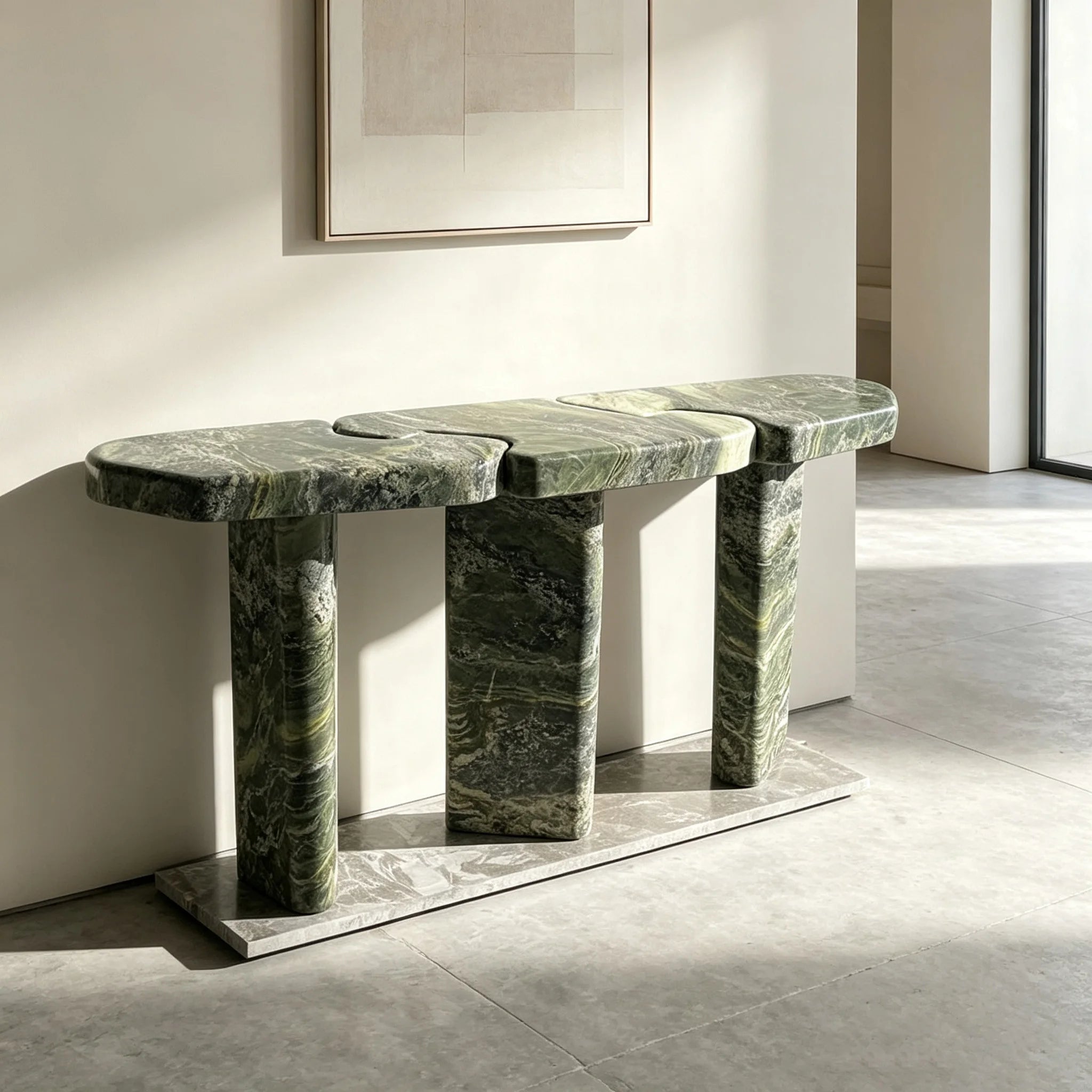 Dream Home Organic Green Streak Marble Console Table 3 Split Interlocking Top Triple Thick Block Leg Hall Decor Table - Image 2