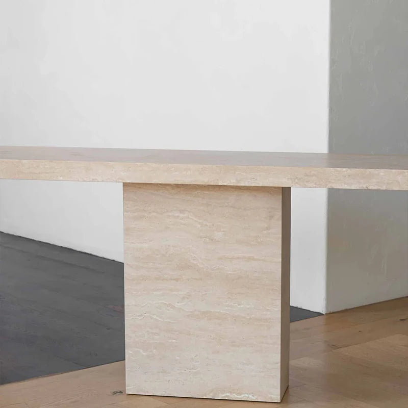 Modern Luxury Beige Travertine Console Table Slim Floating Long Tabletop Solid Square Pedestal Elegant Villa Entry Accent Table - Image 5