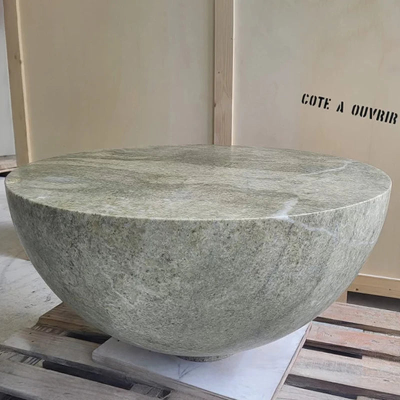 Whole Carved Basin Stone Tea Table Solid Bowl Vessel Silhouette Organic Branch Green Vein Minimalist Modern Sofa Coffee Table - Image 5