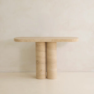 Dream Home High Inquiry Cream Travertine Marble Entry Table Symmetric Twin Cylinder Base Soft Curved Edge Home Console