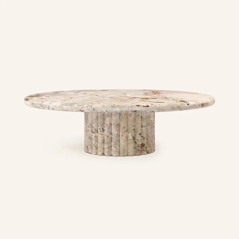 Dream Home Premium Sculptural Ribbed Base Coffee Table Large Round Marble Top Rustic Natural Stone Living Room Table - Image 6