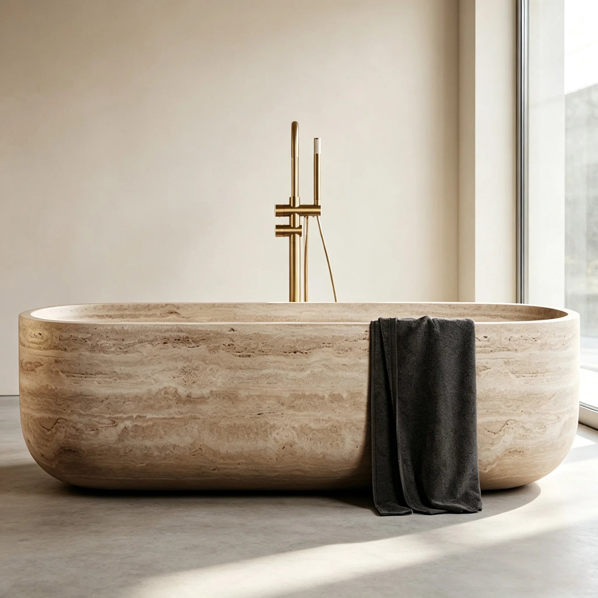 Rectangular Rounded End Stone Bathtub Full Straight Side Elongated Block Vessel Beige Cave Rock Master Bath Sculpture Tub - Image 4