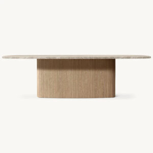 Dream Home Fluted Solid Oak Base Dining Table Natural Veined Marble Racetrack Top Wabi Sabi Luxury Home Dining Furniture